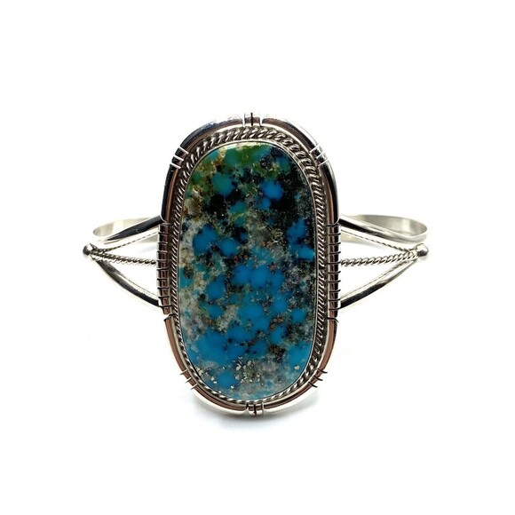Native American Sterling Silver Navajo Handmade Kingman Turquoise Cuff Bracelet